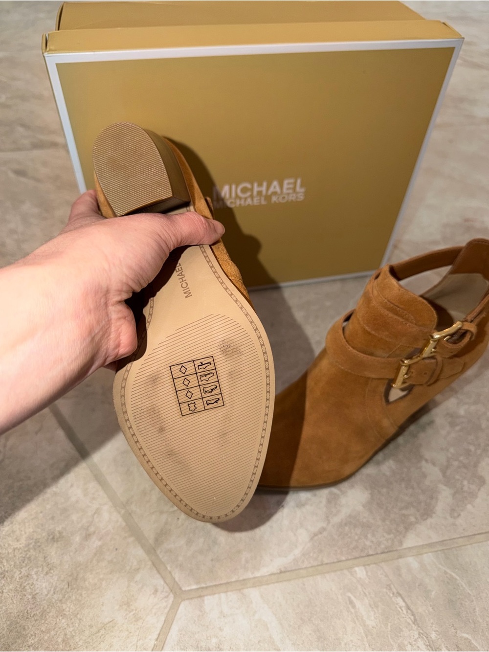 Michael Kors Suede Ankle Booties in Acorn Brown with Gold Buckles - Picture 6 of 7